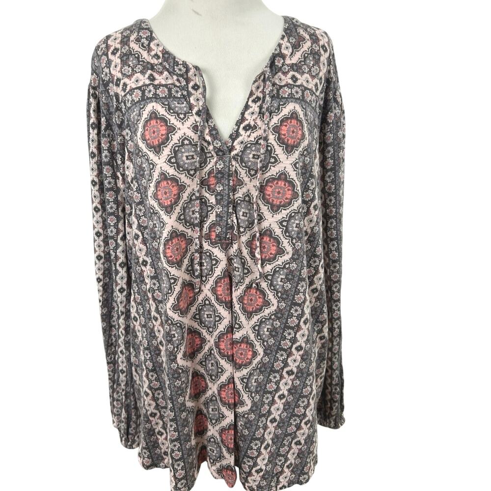 Lucky Brand Boho Medallion Print Long Sleeve Peasant Tunic Top Womens 3X